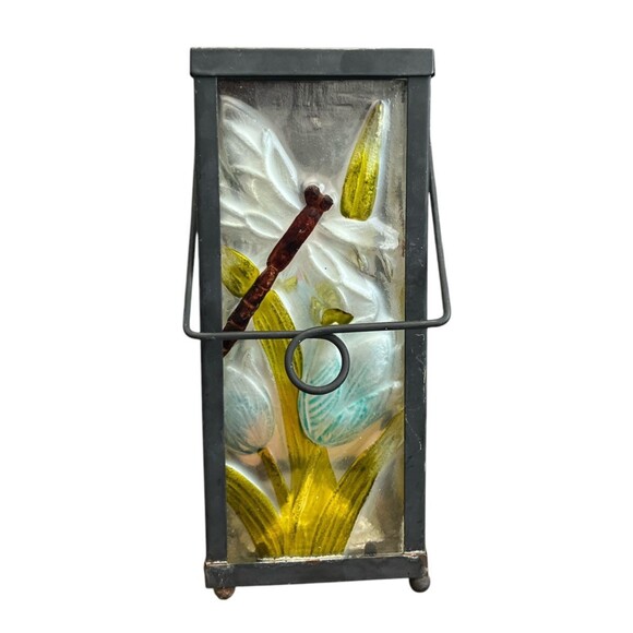 Lantern Stained Glass Style Dragonfly Floral 10" X 4" X 4" - Picture 1 of 6